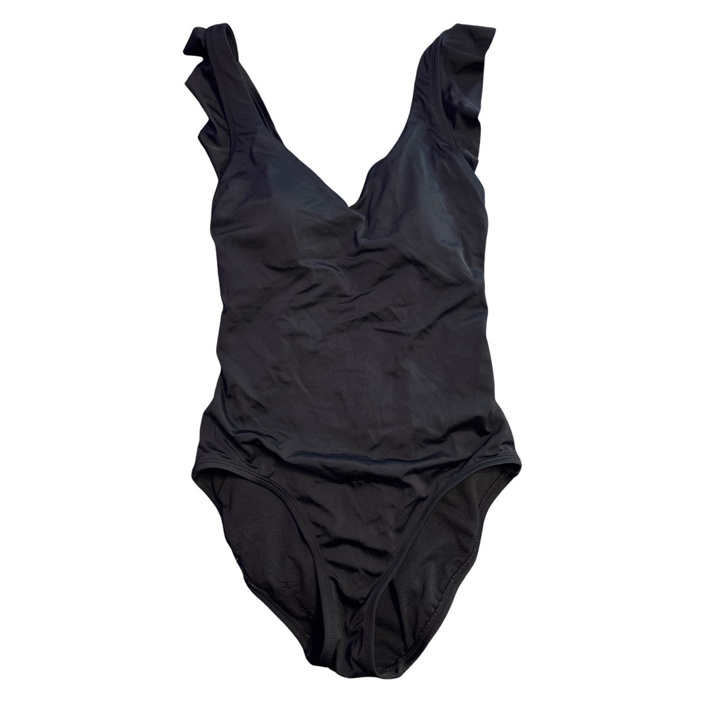 Time and Tru Black Ruffle Strap One Piece Swimsuit Tummy Control Women's S 4-6